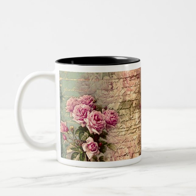 French country chic,shabby chic, pink roses, flora Two-Tone coffee mug (Left)