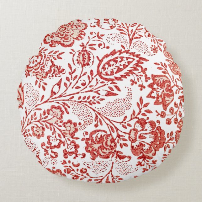 French Country Decor Red Toile Round Pillow (Front)