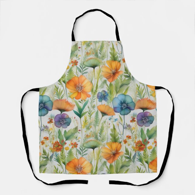 French Country Decor Watercolor Wildflowers Apron (Front)