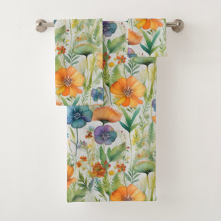 French Country Decor Watercolor Wildflowers Bath Towel Set