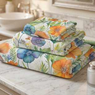 French Country Decor Watercolor Wildflowers Bath Towel Set