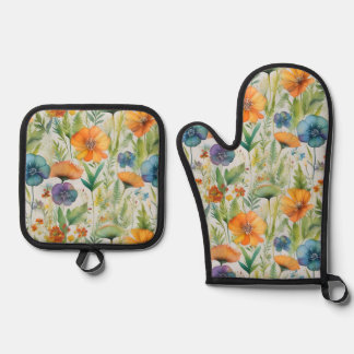 French Country Decor Watercolor Wildflowers Oven Mitt & Pot Holder Set