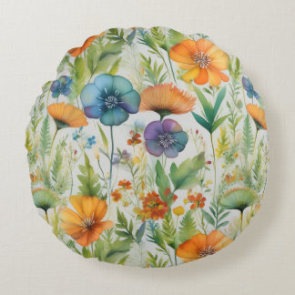 French Country Decor Watercolor Wildflowers Round Pillow