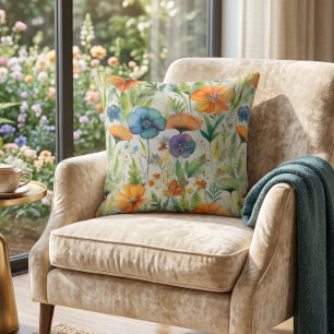 French Country Decor Watercolor Wildflowers Throw Pillow
