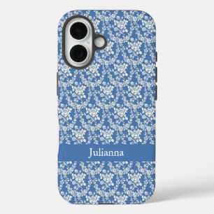 French Country Farmhouse Blue Floral Personalized iPhone 16 Case