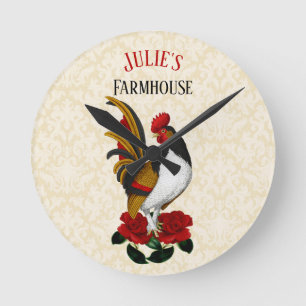 French Country Farmhouse Rooster Red Black Gold Round Clock