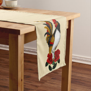French Country Farmhouse Rooster Red Black Gold Short Table Runner