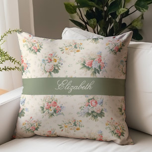 French Country Floral Script Monogram Name Cream Throw Pillow