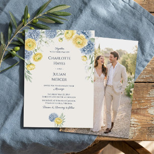 French Country Garden Blue Hydrangea Photo Wedding Invitation