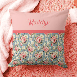 French Country Garden Floral Pink Monogram Name Throw Pillow