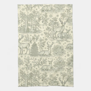 French Country Green Toile Deer Pattern Kitchen Towel