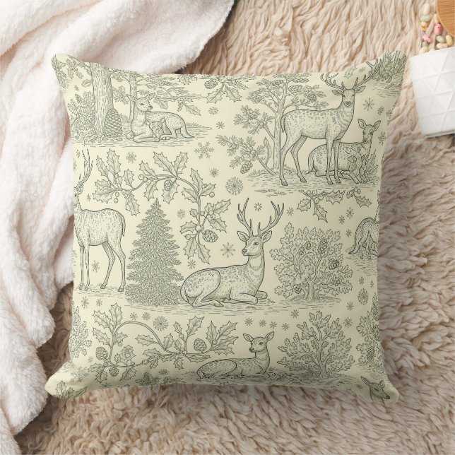 French Country Green Toile Deer Pattern Throw Pillow (Blanket)