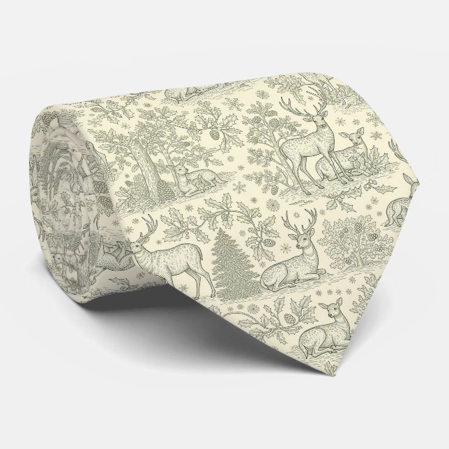 French Country Green Toile Deer Pattern Tie (Rolled)