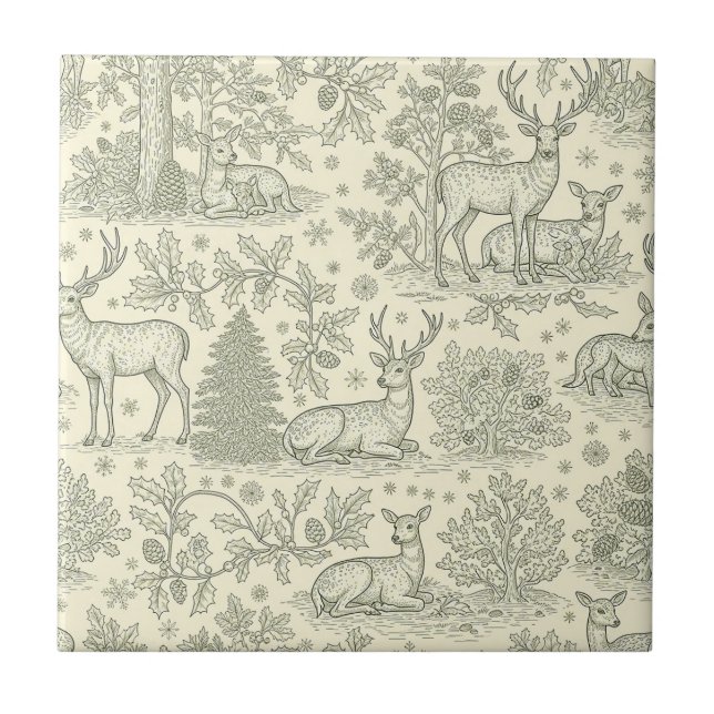 French Country Green Toile Deer Pattern Tile (Front)