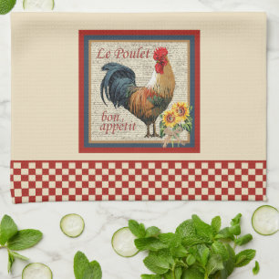 French Country Kitchen Rooster Red Chequerboard Towel