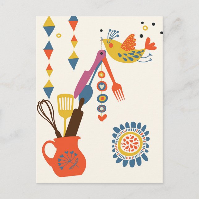 French Country Kitchen - Utensils on floral. Postcard (Front)