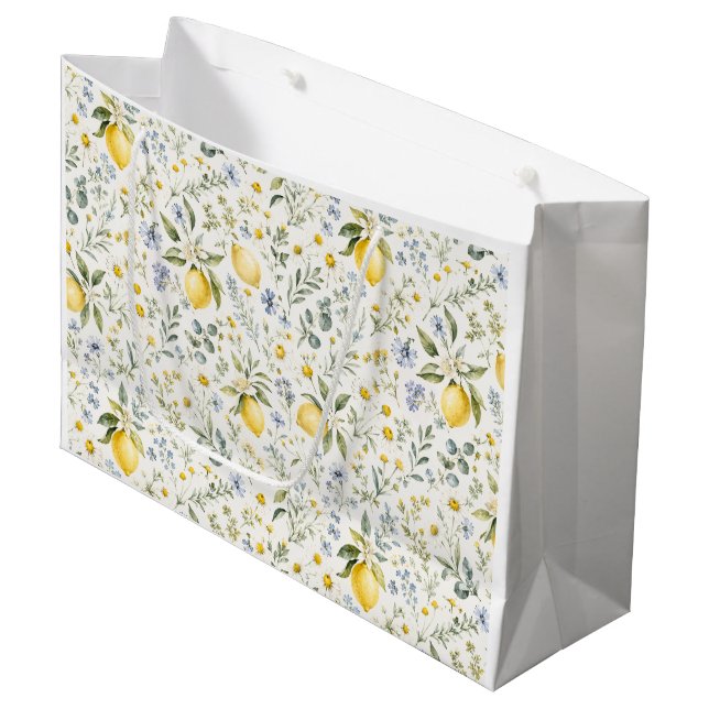 French Country Lemon and Wildflowers Pattern Large Gift Bag (Front Angled)