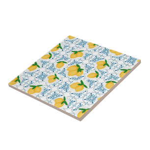 French Country Lemon Blue Floral Tile Pattern