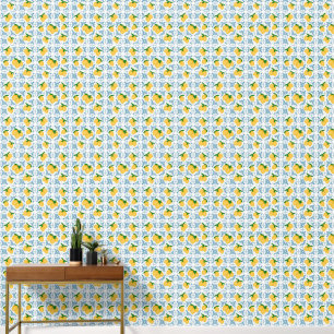 French Country Lemon Blue Floral Tile Pattern Wallpaper