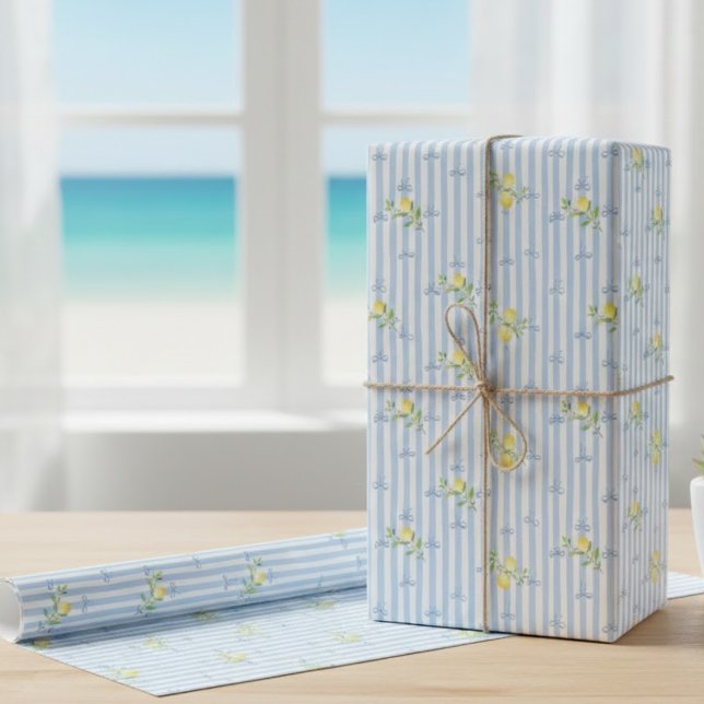 French Country Lemon – Blue Stripe Bow Pattern Wrapping Paper (Creator Uploaded)