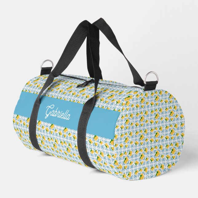 French Country Lemon Blue Tile Monogram Duffle Bag (Left Corner)