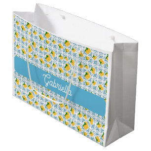 French Country Lemon Blue Tile Monogram Name Large Gift Bag