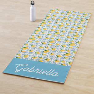 French Country Lemon Blue Tile Monogram Yoga Mat