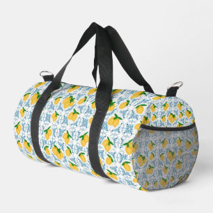 French Country Lemon Blue Tile Pattern Duffle Bag