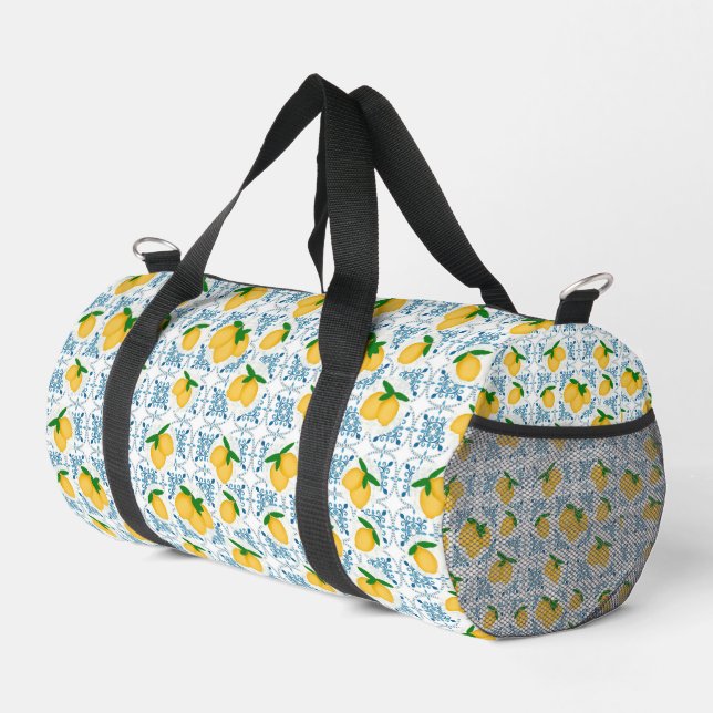 French Country Lemon Blue Tile Pattern  Duffle Bag (Right Corner)