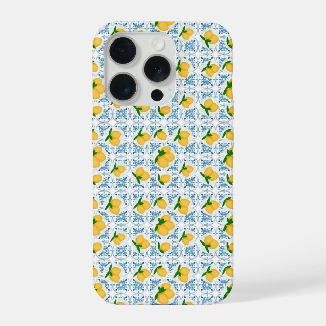 French Country Lemon Blue Tile Pattern iPhone Case (Back)