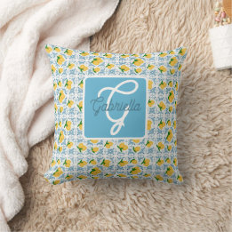 French Country Lemon Blue Tile Pattern Throw Pillow