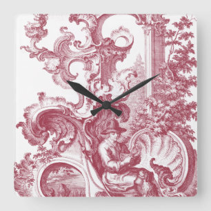French Country Man and Dog Beautiful Red Toile Square Wall Clock