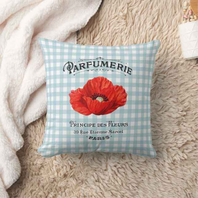 French Country Perfume Red Poppy Teal Chequered Throw Pillow (Blanket)