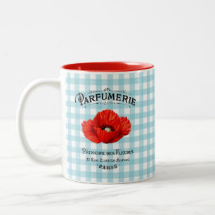 French Country Perfume Red Poppy Teal Chequered Two-Tone Coffee Mug