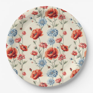 French Country Poppy and Dahlia Toile Paper Plate