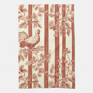 French Country Red Hen Floral Toile Pattern Kitchen Towel
