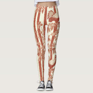 French Country Red Hen Floral Toile Pattern Leggings