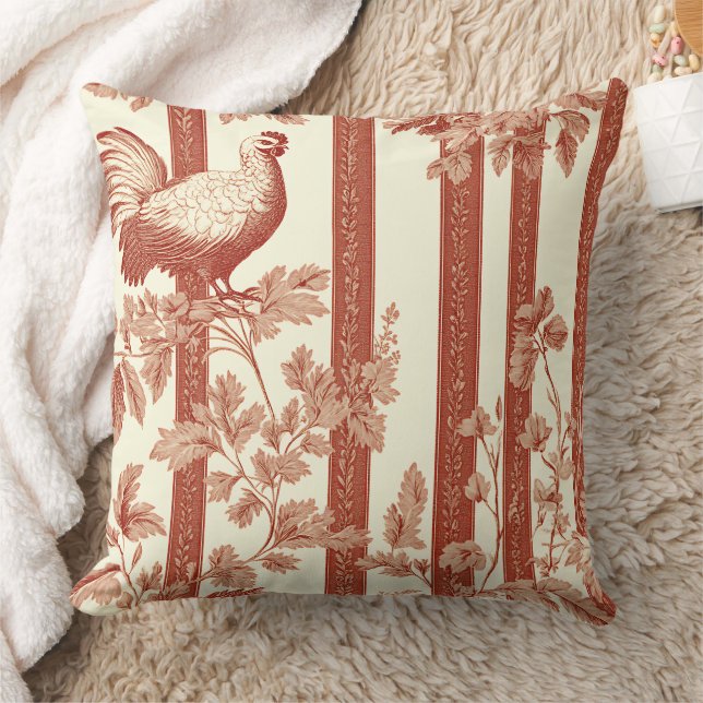 French Country Red Hen Floral Toile Pattern Throw Pillow (Blanket)