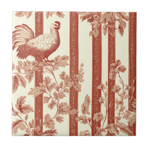 French Country Red Hen Floral Toile Pattern Tile