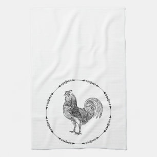 French Country Rooster Black and White Kitchen Towel