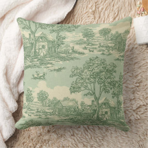 French Country Sage Toile Farm Scene Throw Pillow