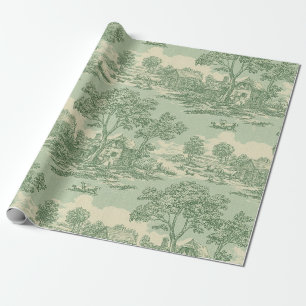 French Country Sage Toile Farm Scene Wrapping Paper