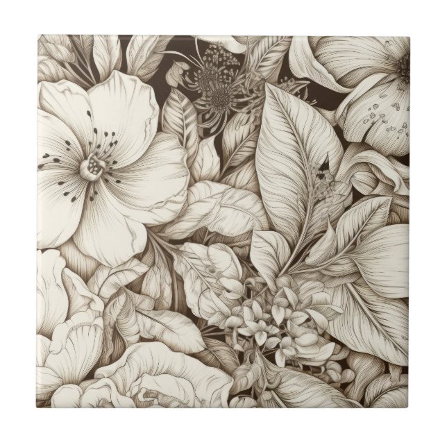 French Country Sepia Floral Botanical Cream Tile (Front)