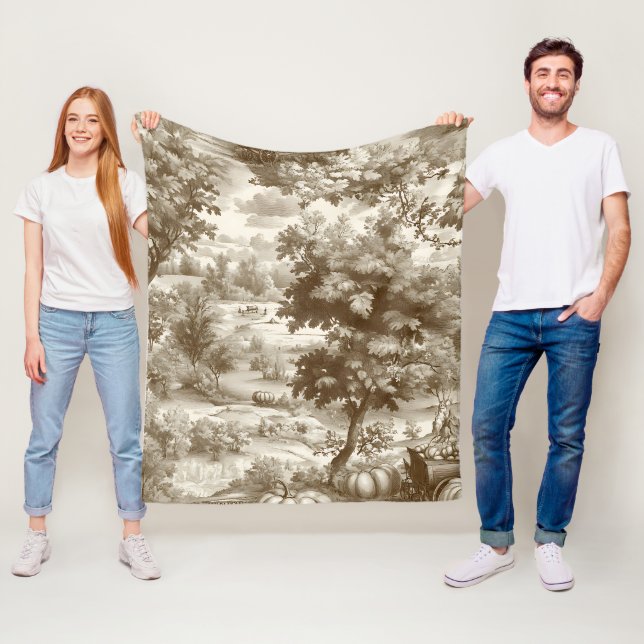 French Country Sepia Pumpkin Toile Pattern Fleece Blanket (In Situ)