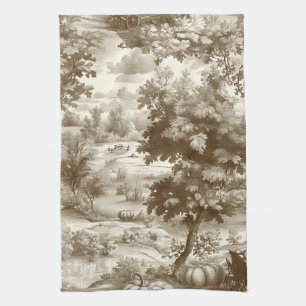 French Country Sepia Pumpkin Toile Pattern Kitchen Towel