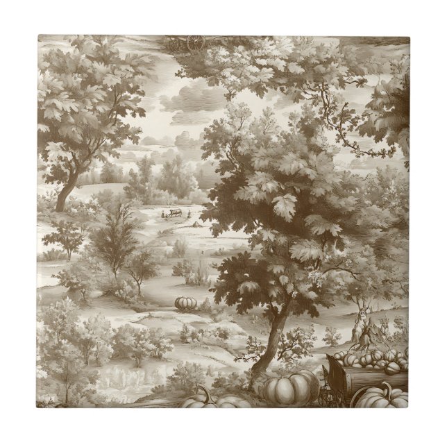 French Country Sepia Pumpkin Toile Pattern Tile (Front)