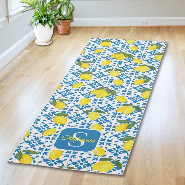 French Country Tile Lemons Pattern Name Monogram Yoga Mat (Creator Uploaded)