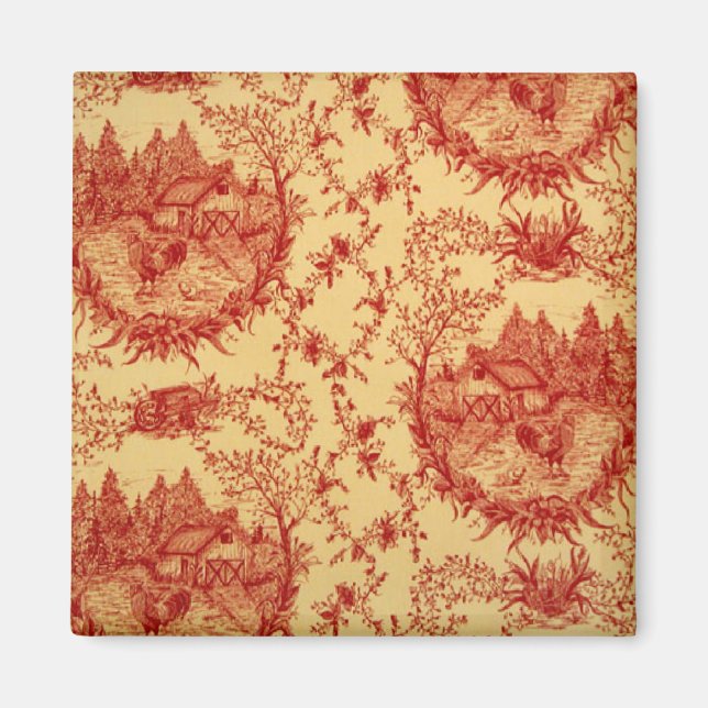 French Country Toile BarnRed/Butter Rooster Magnet (Front)