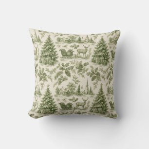 French Country Toile de Jouy Green Christmas  Throw Pillow