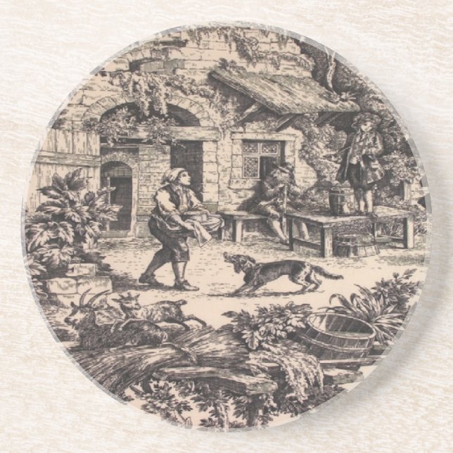 French Country Toile Sandstone Drink Coaster (Front)